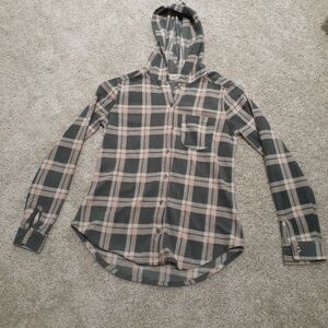 Plaid Gray & Pink Polar Fleece Button Up with Hood Size Small